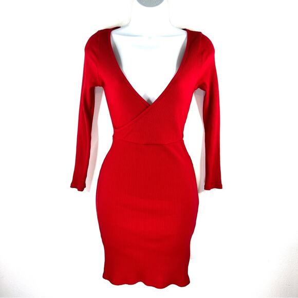 FREE PEOPLE Beach Red Ribbed Surplice Mini Dress NWT Long Sleeve Size XS Bodycon - Picture 1 of 8